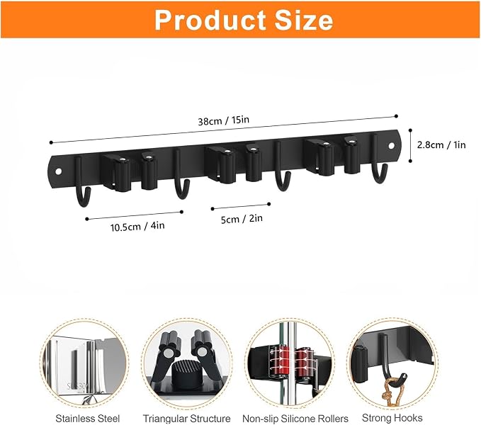 CUXIXA 2 Pack Mop and Broom Holder Wall Mount, Non-slip Broom Hanger Wall Mount, Heavy Duty Mop Broom Organizer for Kitchen Garden Garage Laundry Room Wall Decor Organization and Storage Black 3R4H