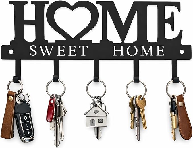 Key Holder Hooks Organizer Hanger Rack Wall Mounted Sweet Home Metal Decor Stylish and Practical for Entryway Front Door Kitchen Hallway Garage Mudroom Office 9.8inches/25cm Hardware Included Black