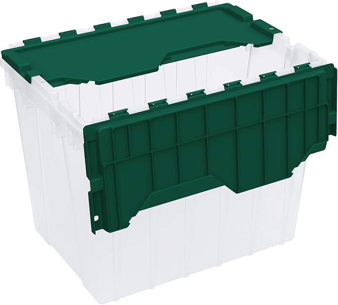 Akro-Mils KeepBox 18 Gallon Storage Container, Nesting and Stackable Plastic Storage Box with Lid Attached, Clear Tote for Garages, Closets, and Moving, 21" x 15" x 17", Clear/Green