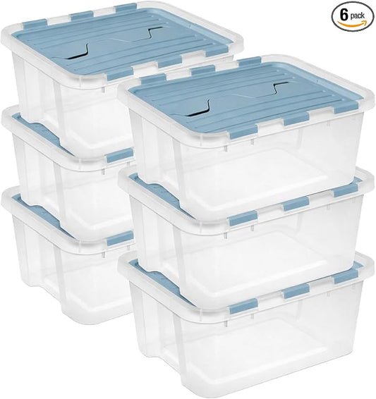 Sterilite Hinged Lid Storage Box Plastic Container, 20 Quart, 6-Pack | Washed Blue - Home Organizer Tote for Storing Shoes, Crafts, Clothing, or Decor