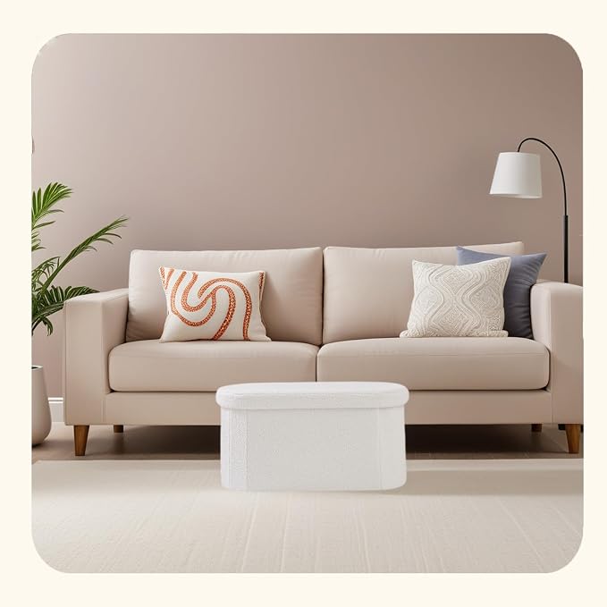 PINPLUS Storage Ottoman Bench Tufted Oval with Storage for Living Room Boulce Foot Rest, Velvet Foot Rest 30"x15"x15" White