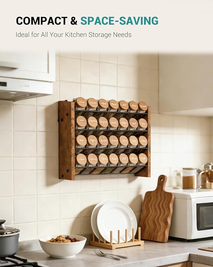 NESAPTO Spice Rack Organizer for Cabinet, Wood 4-Tier Vertical Seasoning Organizer, Wall Mount or Countertop Spice Shelf, Holds 28 Jars (No Jars Included), 14" W x 9.4" H