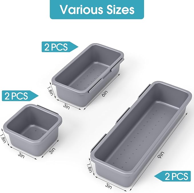 6 PCS Drawer Organizer Set, 3 Size Makeup Drawer Divider Organizer With Non-Slip Pads, Interlocking Plastic Storage Bins for Office,Jewelry Vanity,Gadgets, Bathroom,Kitchen, Grey