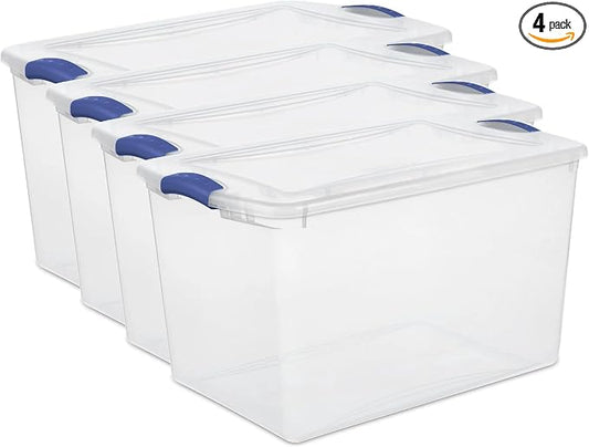 Large Storage Bin with Latch Lid (4 Pack) – 66 Quart Clear Plastic Storage Container, Blue Latches, Stackable Bins for Home Organization