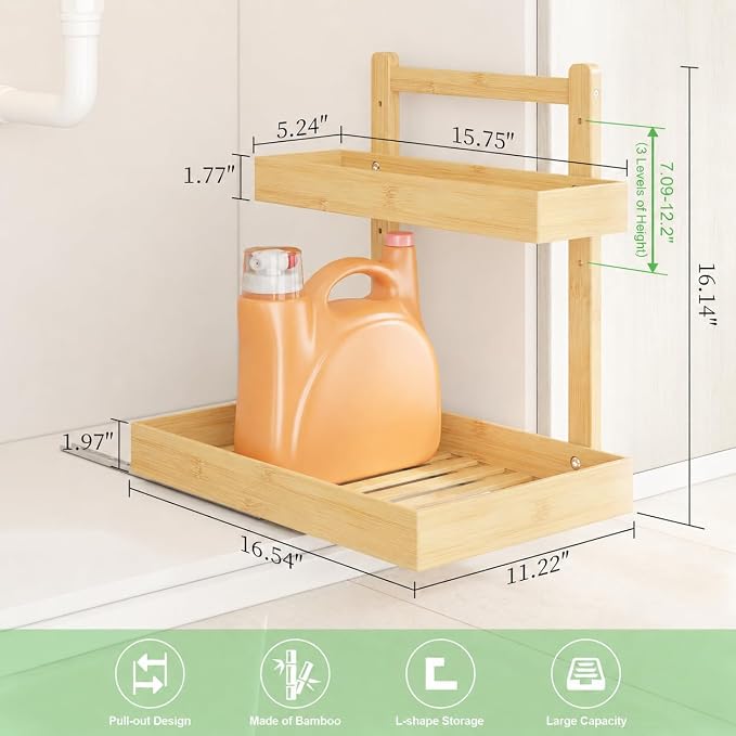 Bamboo Under Sink Organizer, 2-Tier Pull Out Cabinet Organizer | Kitchen Sink Organizer | Bathroom Cabinet Organizer | Cleaning Supply Storage | L-Shape | 3-Level Adjustable | Natural Bamboo