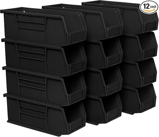 Akro-Mils 30224 AkroBins Plastic Storage Bins, 11"x 4"x 4", Black, 12-Pack | Space-Saving Stackable Bins for Garage, Pantry, Craft Organization