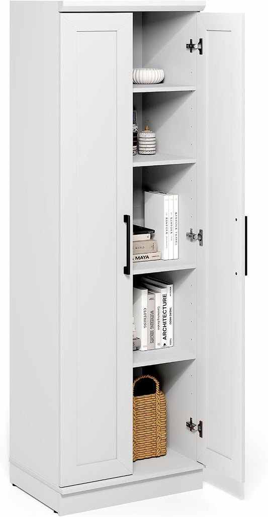 Furinno Robin Storage Cabinet, 5-Tier Pantry Cabinet with Adjustable Shelves, 23W with 2 Shaker-Doors, Kitchen Cabinet, Organization and Storage, for Pantry, Living Room, Home Office, White