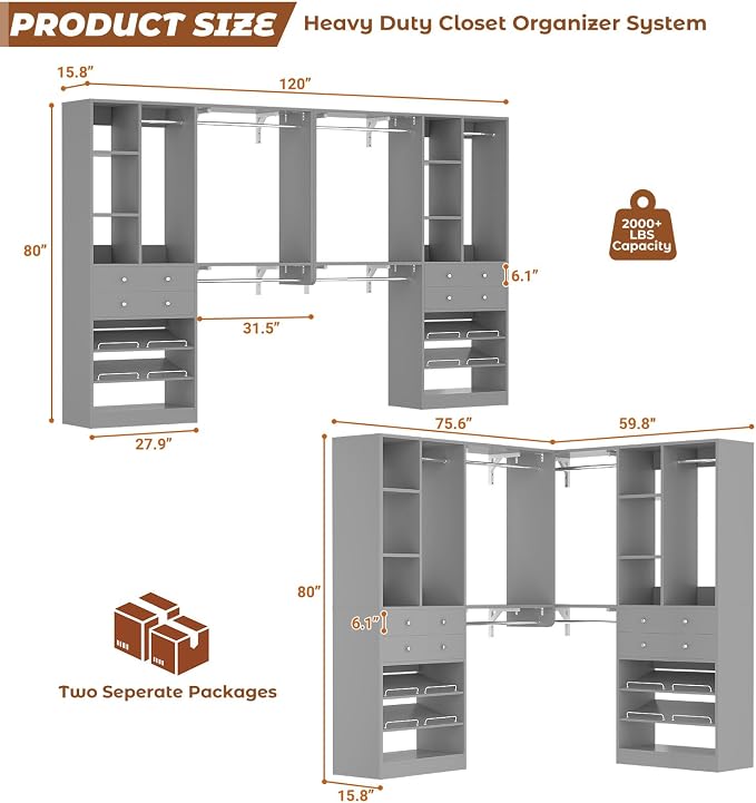 10FT Closet System with 4 Drawers, 120" Closet Organizer System with 6 Hanging Robs & Reversible Hanging Shelving, Closet Systems for Walk-in Closets, Load 2000+LBS, Morandi Grey 2 Pack