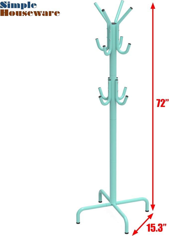 Simple Houseware Standing Coat Hanger Organizer Rack, 12 Hooks, Turquoise | For Entryway, Bedroom, and Hallway