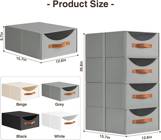 Homsorout Stackable Storage Drawers - Large Collapsible Storage Bins with Drawers, 8 Pack Closet Shelf Organizer Basket, Fabric Pull Out Organizer for Bedroom, Living Room, Dorm, Grey
