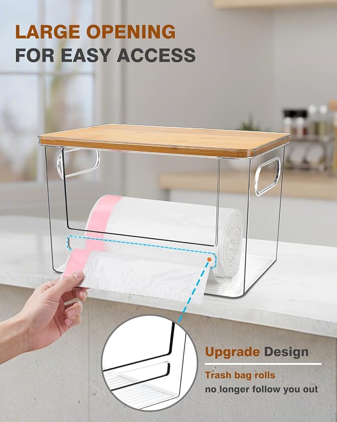 Trash Bag Dispenser 2 Pack - Under Sink Organizer, Plastic Bag Holder | Stackable Acrylic Garbage Bag Storage with Bamboo Lid for Kitchen Cabinet, 13/30/33 Gallon Grocery Bag Dispenser