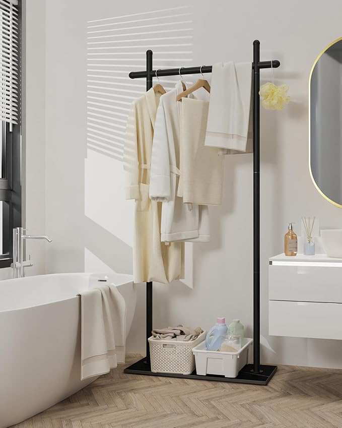 Coat Racks Freestanding with Natural Rock Base,68.9in,Black,Large | Garment Racks with Anti Slip Knots for Outerwear,Clothes Stands with Strong Load-Bearing,Metal Clothing Trees for Hats
