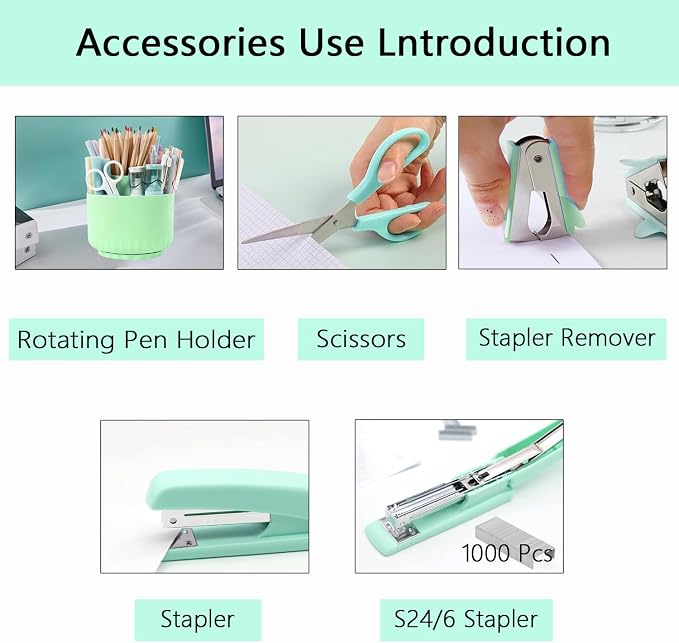 Office Supplies,Green Desk Accessories,Office Supplies Set,Desk Organizer,Stapler,Tape Dispenser,Scissors,Staple Remover,Binder Clips,Staples,Ballpoint Pen,Index Tabs with Ruler,Clear Tape.10pcs