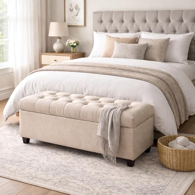 Homepop Home Decor | Tufted Ainsley Button Storage Ottoman Bench with Hinged Lid | Ottoman Bench with Storage for Living Room & Bedroom, Cream 18x40x18 inches