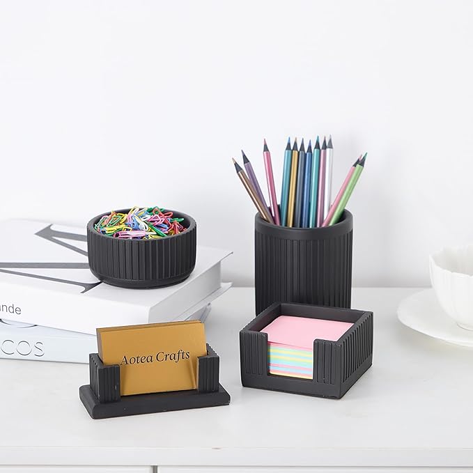 Set of 4 -Concrete Office Desk Accessories for Men-Modern Industrial Decor | Aesthetic Desk Organizers-Pen,Business Card,Sticky Note &Paper Clip Holders