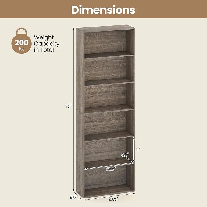 Giantex 6-Tier Bookcase Set of 2, 70" Tall Wooden Bookshelf, Freestanding Storage Organizer w/Open Shelves, Anti-Tipping Kits, Modern Floor Standing Display Shelves for Living Room,Grey