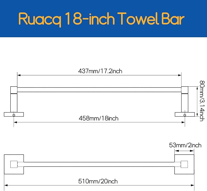 RUACQ Towel Bar 18" Towel Racks for Bathroom Wall Mounted, Chrome | One-Piece Bath Towel Holder, Total Length 20 Inch Single Towel Rod, 304 Stainless Steel Rustproof, Square Base, Heavy Duty