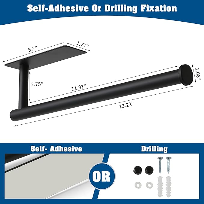 theaoo Under Cabinet Paper Towel Holder for Kitchen, Adhesive, 2 Pack Black | Self-Adhesive or Screw Mount for Cabinets and Walls; Durable SUS304 Stainless Steel Fits Standard and Jumbo Rolls