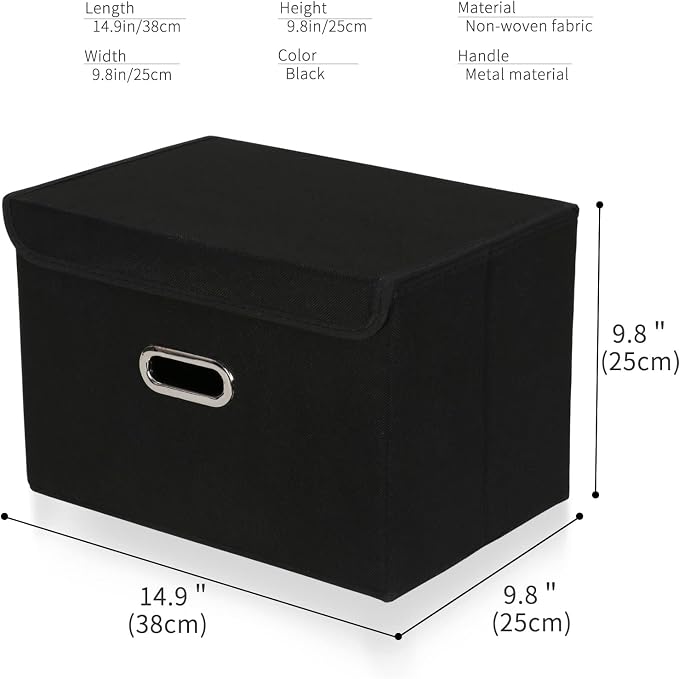 Fabric Foldable Collapsible Storage Cube Bin Organizer Basket with Lid, Handles, Removable Divider for Home, Closet (Black, 6Pcs)