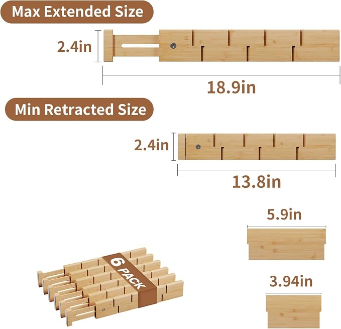 Bamboo Drawer Dividers 6 Pack with Inserts, Kitchen Adjustable Drawer Organizers for Home, Bedroom, Dresser, Expandable Organization 6 Dividers with 12 Inserts