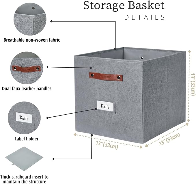 DECOMOMO Storage Bins, Cube Storage Bin with Labels | 13" x 13" x 13" Fabric Storage Cubes for Shelves (6pcs, Texture Grey)