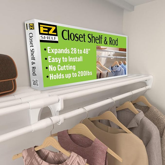 Closet Shelf with Hanging Rod - 28-48” Expandable, White, Closet Shelves - Strong, Holds 200 lbs - DIY, Easy Install to 2 Side Walls - Alternative to Wire Shelving