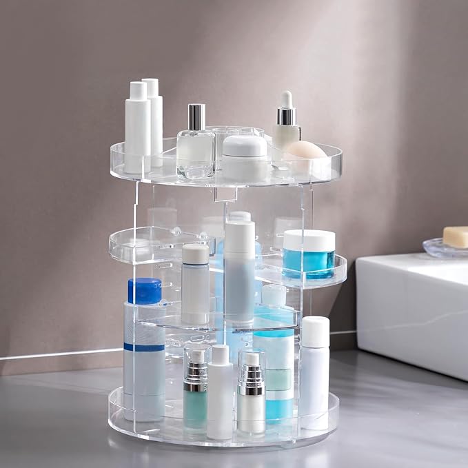 HBlife 360 Rotating Makeup Organizer Plus Size Adjustable Carousel Large Capacity Revolving Perfume Organizer Skincare Organizers Cosmetic Storage Spinning Holder for Vanity, Clear