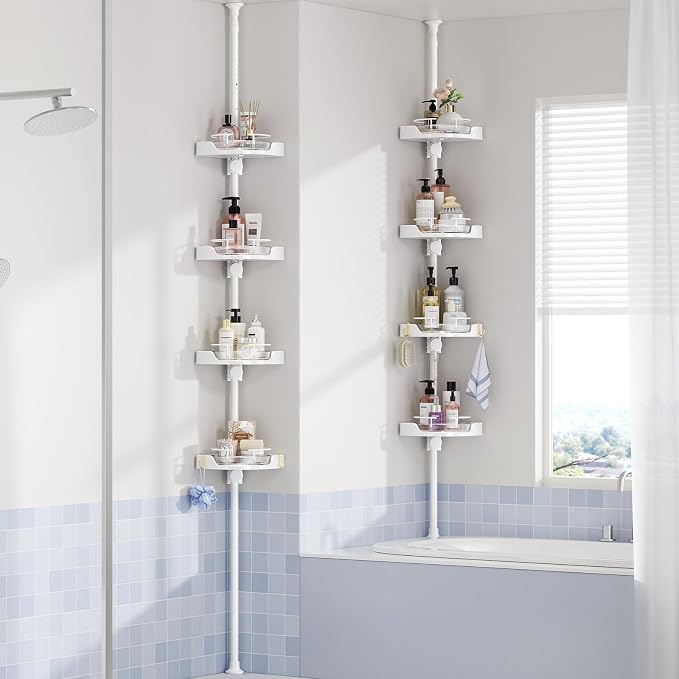 360° Rotating Corner Shower Caddy Tension Pole Organizer (White) | 4-Tier rotating shelves with hooks, adjustable tray height, upgraded rustproof metal pole, removable trays for shower storage