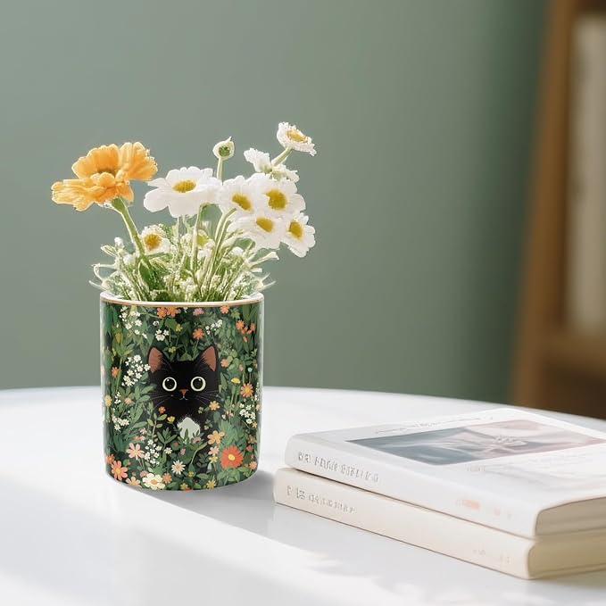 Black Cat Pen Holder for Desk Accessories, Durable Ceramic Pencil Organizer Decor for Room, Office, Classroom, Cat Lover Gifts