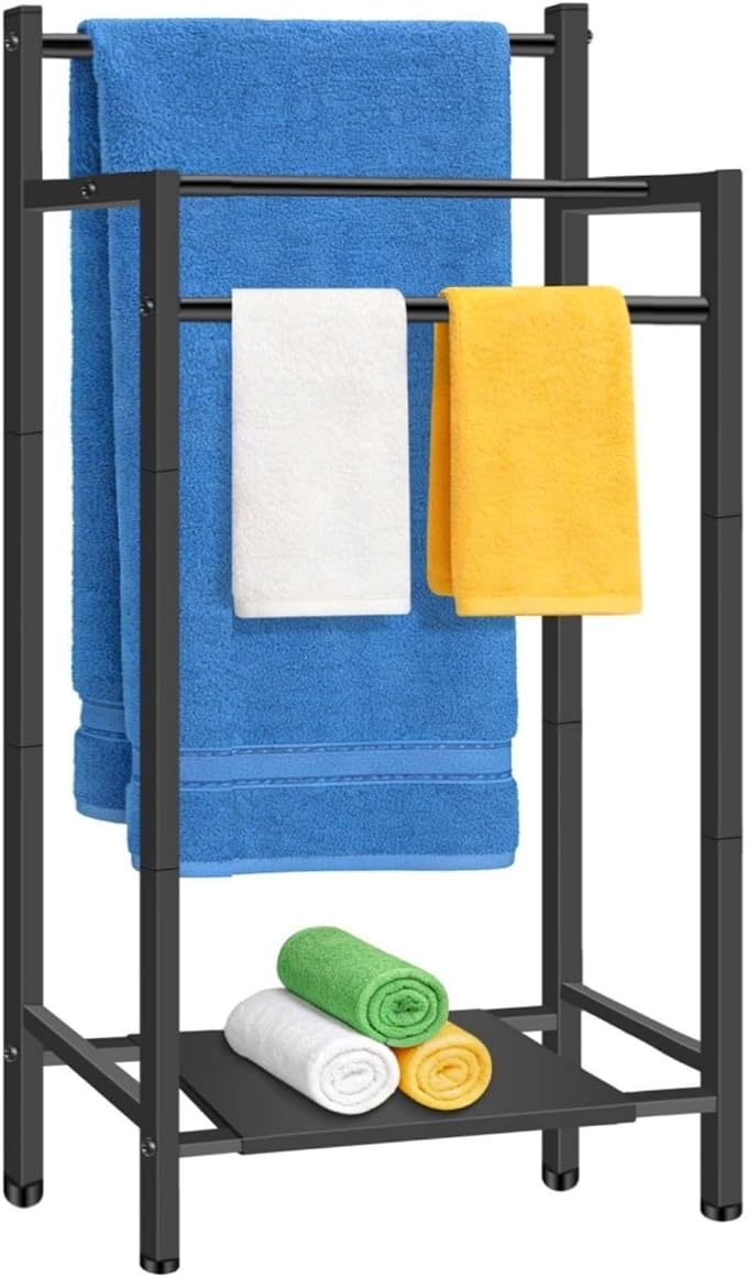 Free Standing Towel Racks for Bathroom, 3 Tier Towel Drying Rack with Movable Storage Shelf, Tall Metal Towel Rack Stand for Outdoor Pool, Black