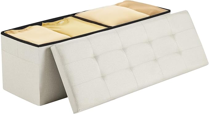 VEVOR Foldable Storage Ottoman Bench, End of Bed Bench with Side Bags, Folding Upholstered Storage Chest Supports 660 lbs, Linen Bed Ottoman with Large Space for Living Room, Bedroom, Entryway, Beige
