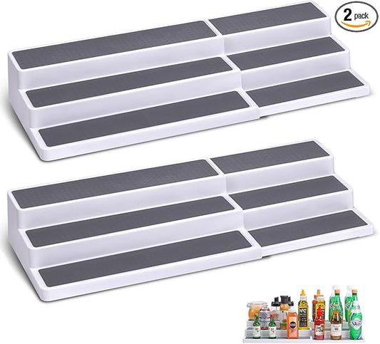 CiWiVOKi 3 Tier Expandable Spice Rack Organizer, White/Grey Plastic Spice Rack, Adjustable Length 14.6In-25.8In, 2 Pack Non-Skid Tiered Spice Shelf Organizer for Kitchen Cabinet, Cupboard, Pantry
