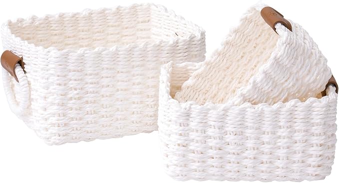 LA JOLIE MUSE Small Wicker Baskets for Organizing, White 3 Pack | Decorative Organizer with Vegan Leather Tag, Round Handle, Storage Baskets for Shelves, Bedroom, Kitchen, Office and Home