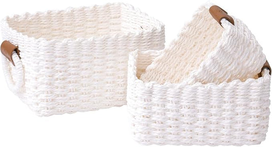 LA JOLIE MUSE Small Wicker Baskets for Organizing, White 3 Pack | Decorative Organizer with Vegan Leather Tag, Round Handle, Storage Baskets for Shelves, Bedroom, Kitchen, Office and Home