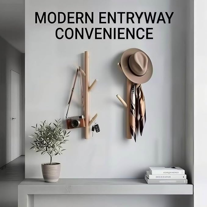 Wooden Wall Mount Coat Rack | Wall Coat Rack, 4 Hooks Tree Branch Coat Rack Wall Mount, Hat Rack for Wall Heavy Duty, Bathroom Towel Rack 2 Pack