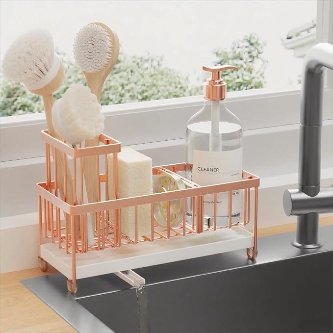 Cisily Sponge Holder for Kitchen Sink, Sink Caddy Organizer with High Brush Holder, Kitchen Countertop Organizers and Storage Essentials, Rustproof 304 Stainless Steel (Rose Gold, 9.25″)