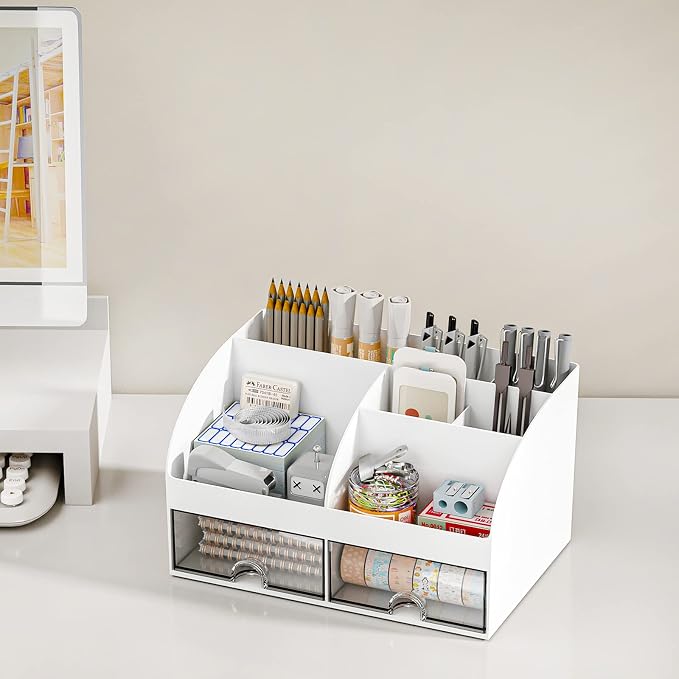 COMFYROOM Desk Organizer with 6 Compartments and 2 Drawers, Plastic Makeup Organizer, Pen Holder for Desktop Storage, Desk Organization for School, Home, Office Supplies (White-2Pack)