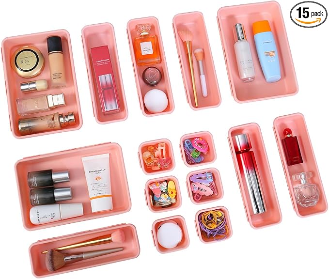 Kutesna 15 PCS Interlocking Desk Drawer Organizer Separator for Office,Bathroom,Kitchen,Makeup（Pink）