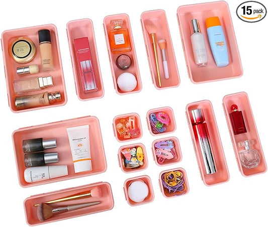 Kutesna 15 PCS Interlocking Desk Drawer Organizer Separator for Office,Bathroom,Kitchen,Makeup（Pink）