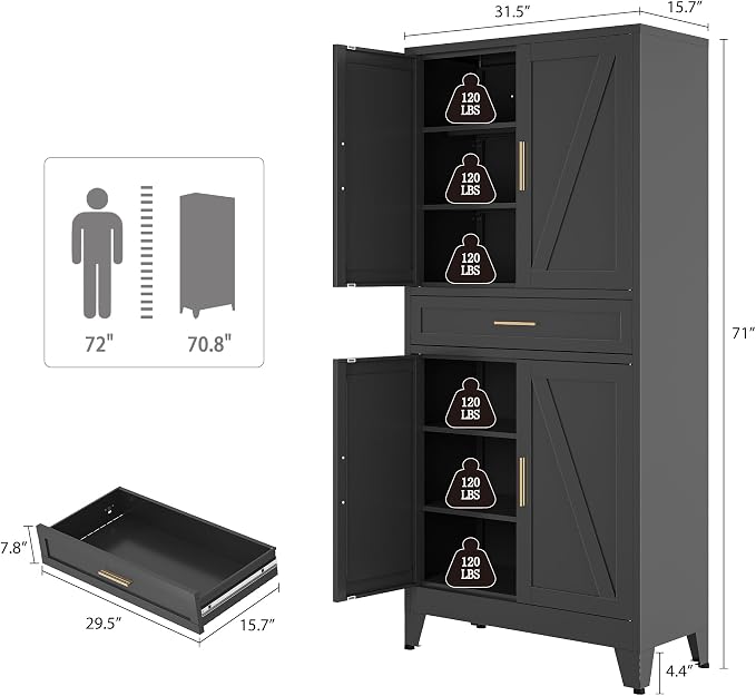Bevivog 71" Kitchen Pantry Cabinet, Metal Storage Cabinet with Drawer, 2 Doors and 4 Adjustable Shelves Cabinet for Home Office Laundry Living Room Farmhouse Black Metal Pantry