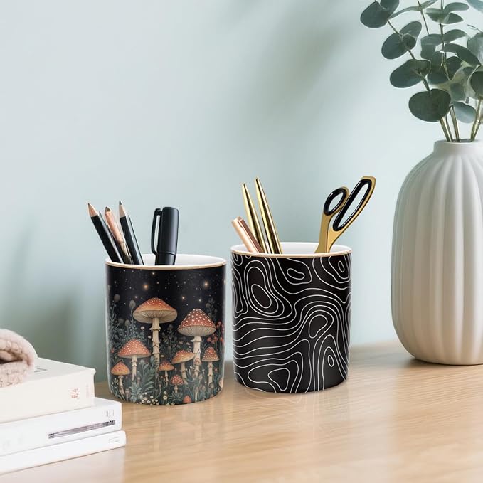 Large Capacity Pen Holder, Pencil Cup for Desk, Cute Makeup Brush Holder, Durable Ceramic Organizer Decor for College, Office, Classroom, Abstract Geometric Pattern