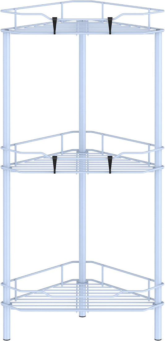 HuggieGems 3 Tier Floor Standing Corner Shower Caddy Organizer Shelf with Hooks, Bathroom Shelves Stand Rack, Blue