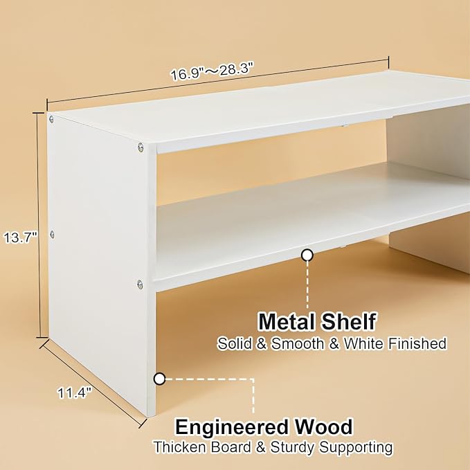 White Shoe Rack Organizer for Closet, 2-Tier Expandable Shoe Shelf, Stackable Iron Wood Combination Small Shoe Racks Shelves for Closets, Entryway,Small Space,Hallway,Bedroom,Bathroom,6-12 Pairs