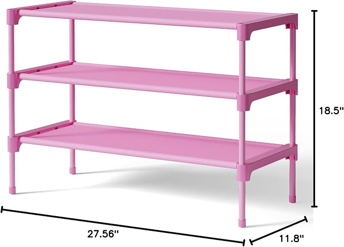 Kitsure Shoe Rack - Non-Woven Shoe Rack Shelf, 27.5" Wide - 3 Tier, Pink | Shoe Organizer for Closet, Entryway, Garage, Stackable Shoe Shelves, college dorm&apartment essentials