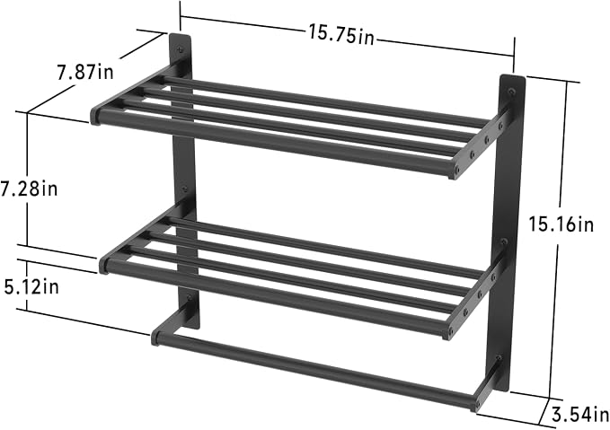 Bethom Bathroom Towel Rack with Bars, 16 Inch Towel Shelf, Matte Black | 3-Tier Hotel Towel Racks for Bathroom Wall Mounted, Bath Towels Storage, Stainless Steel