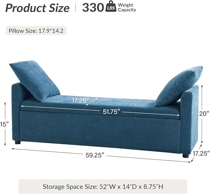 HULALA HOME 59" Storage Bench with 2 Throw Pillows & Armrests, Teal | Modern Long Bedroom Bench for End of Bed, Comfy Upholstered Fabric Footstool for Entryway Living Room