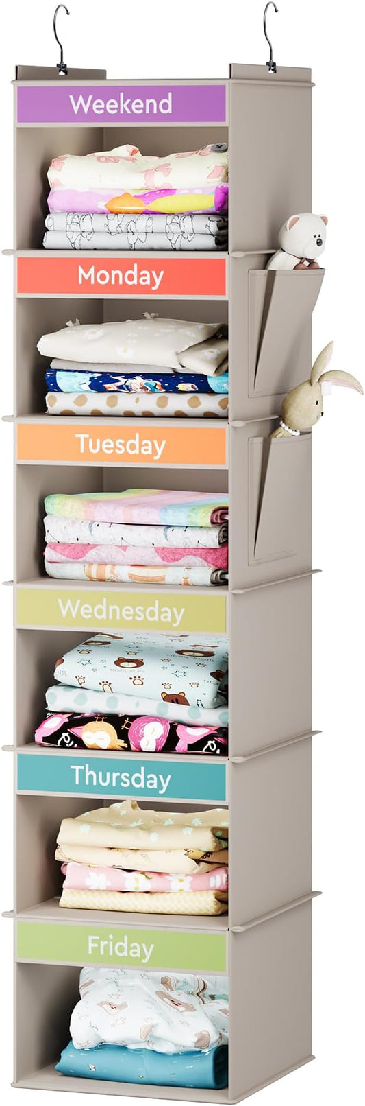 YOUDENOVA Weekly Clothes Organizer for Kids, Hanging Closet Organizer, Grey | Days of the Week Clothes Organizer, Reinforced Bamboo Slats, Kids' School Outfit Planning, Breathable Fabric, 2 Side Pockets