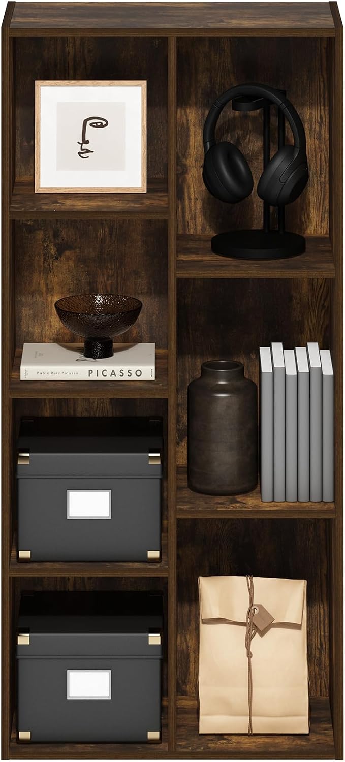 Furinno LUDER Book Shelf, 7-Cube Bookshelf, Bookcase with Open Shelves, 9.4 x 19.5 x 41.7, Easy Assembly, for Living Room, Bedroom, Home Office, Amber Pine