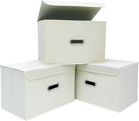 Linen Fabric Foldable Collapsible Storage Cube Bin Organizer Basket Fabric Storage Bins with Lid, Leather Handles, Removable Divider for Home, Closet, Creamy-White