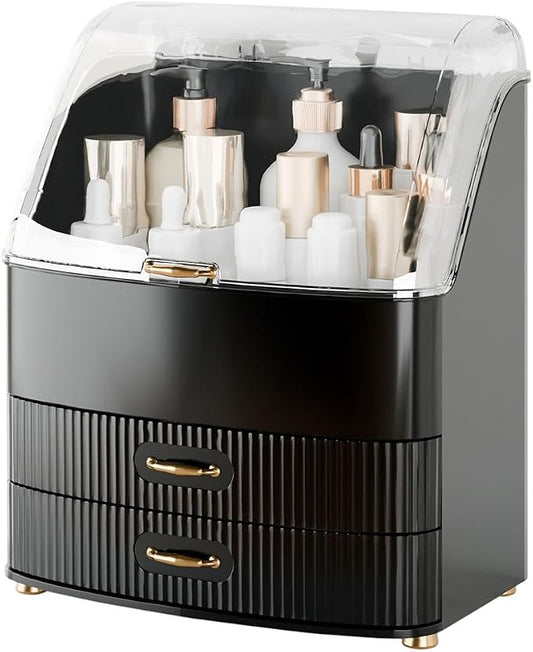 Makeup Organizer Countertop Vanity with Transparent Lid Drawers Waterproof Dustproof Cosmetic Skincare Bathroom Storage Gift for Women Teens Girls (Black)